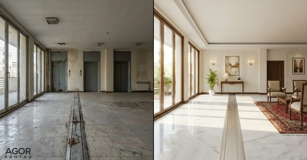 بازسازی پوشش درز انقطاع در لابی ساختمان قدیمی با سری RetroFit آگور اشتاد – مقایسه قبل و بعد