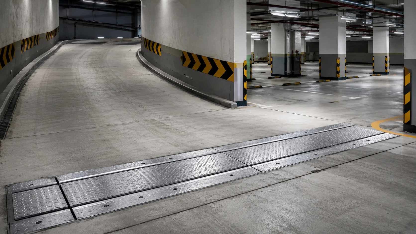 Implementing parking space seam coverage on ramps and high-traffic concrete floors