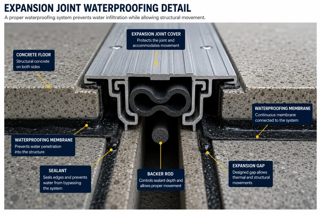 Technical detail of expansion joint waterproofing with mechanical cover membrane sealant and backer rod