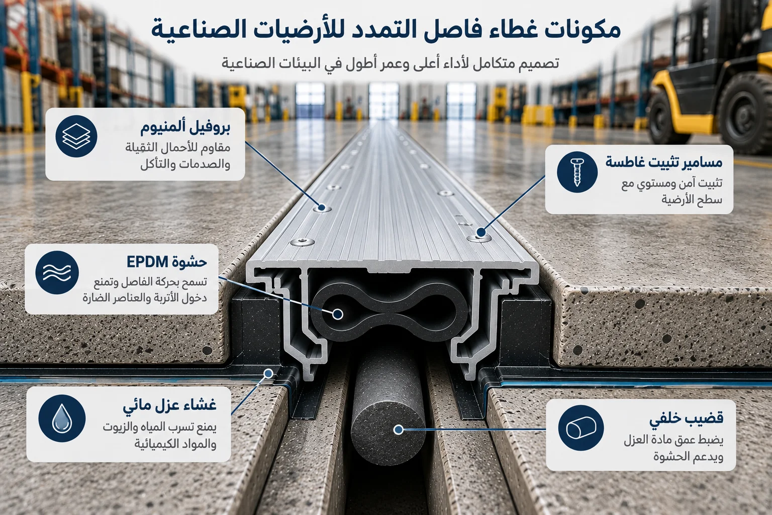 مكونات غطاء فاصل التمدد للأرضيات الصناعية مع بروفيل الألمنيوم وحشوة EPDM وغشاء العزل المائي